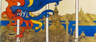 Teckning av vajande flaggor och siluett av byggnader med tinnar och torn