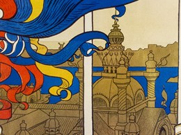 Teckning av vajande flaggor och siluett av byggnader med tinnar och torn