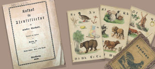 Dekorativt kollage med läromedel och kokbok