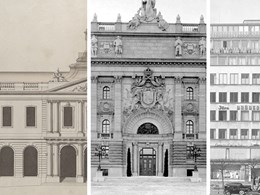 Dekorativt kollage av bilder på olika byggnader från olika tider.