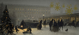 Norrbro med basarer och promenerande människor i vintrig skymning 1860-1865