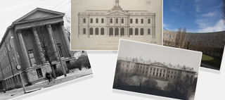 Dekorativt montage av fotografier på byggnader.