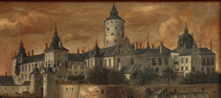 Målning av slottet Tre kronor, en stor vit byggnad med många torn. Himlen är orangefärgad. Konstnär: Govert Campuysen 1661. Bearbetning: Stockholmskällans redaktion