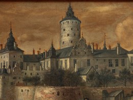 Målning av slottet Tre kronor, en stor vit byggnad med många torn. Himlen är orangefärgad. Konstnär: Govert Campuysen 1661. Bearbetning: Stockholmskällans redaktion
