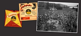 Dekorativ bild föreställande gramofonskivor och ett fotografi från dansbanan i Rålambshovsparken 1944 