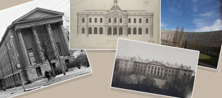 Dekorativt montage av fotografier på byggnader.