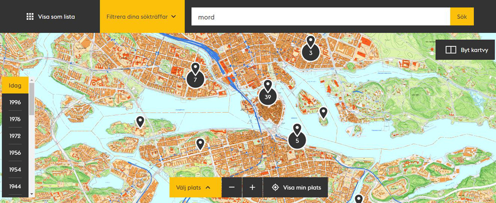 BIlden visar sökresultat för "mord" i Stockholmskällan på kartan