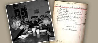 Pojkar äter soppa i skolmatsal, samt en handskriven måltidsmeny i skrivstil.