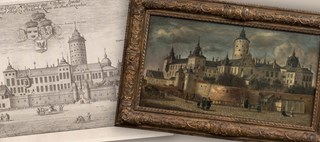 Teckning av slottsbyggnad med tinnar och torn, samt målning av samma slott