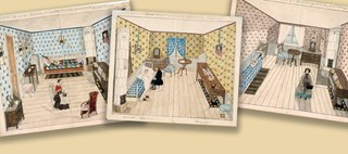 Tre olika tecknade bilder som föreställer olika hem på 1800-talet. 