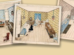 Tre olika tecknade bilder som föreställer olika hem på 1800-talet. 