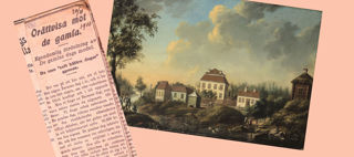 Dekorativt montage av en tidningsartikel och en herrgård