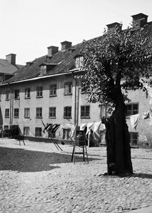 Gårdssidan av Maria Kvarngata 8, nuvarande Kvarngatan 8. Tvätten hänger på tork, linorna hålls uppe med hjälp av stöttor