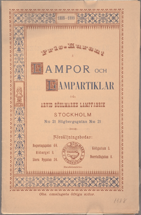 Priskurant från Arvid Böhlmarks Lampfabrik, 1888