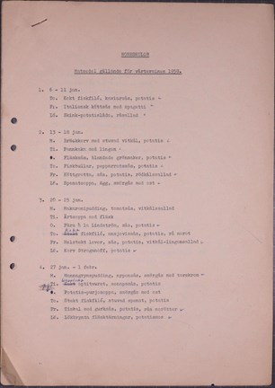 Maskinskriven skolmatsedel för Stockholms skolor 1958