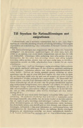 Första sidan av utredningen inför omorganisationen av föreningen Nationalföreningen mot emigrationen.