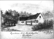 August Strindbergs barndomshem på Norrtullsgatan 14. Teckning av Axel Strindberg