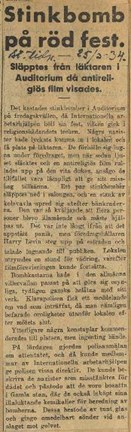 Artikel om stinkbomb på fest, ur Stockholmstidningen den 25 mars 1934.