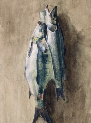 Akvarellmålning av ett stilleben med tre fiskar mot en brun vägg. 