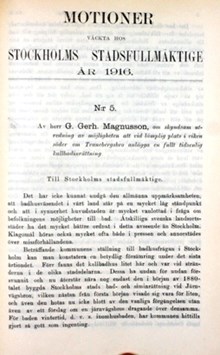 Motion om skyndsam utredning av möjligheten att vid lämplig plats i viken söder om Tranebergsbro anlägga en fullt tidsenlig kallbadsinrättning – Stadsfullmäktige 1916   