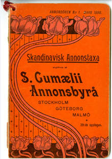 Skandinavisk annonstaxa från S. Gumaeli annonsbyrå mars 1898