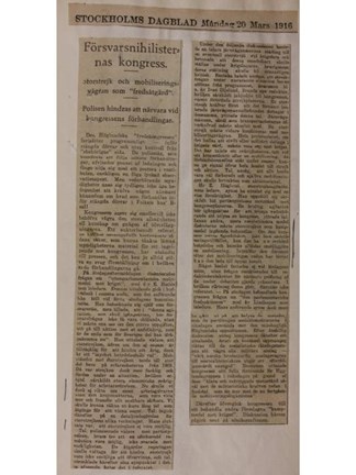 Försvarsnihilisternas kongress – artikel Stockholms Dagblad 1916