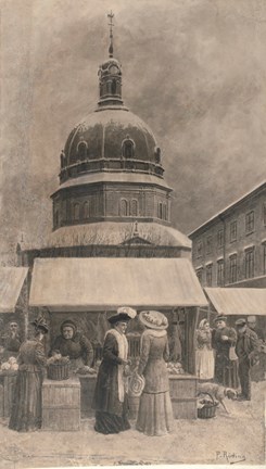 Torghandel på Östermalmstorg me kupolen på Hedvig Eleonora kyrka i bakgrunden