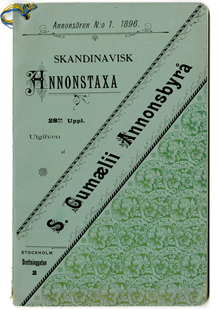 Skandinavisk annonstaxa från S. Gumaeli annonsbyrå 1896