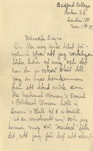 Brev till Signe Bergman från Alfhild Lamm om den kvinnliga rösträttsrörelsen i Storbritannien - 1907