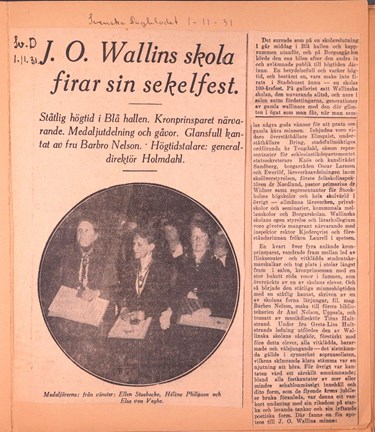 Tidningsartikel om Wallinska skolans 100-årsjubileum