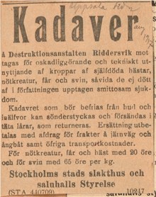 Kadaver mottages av Destruktionsanstalten i Riddersvik - annons 1917