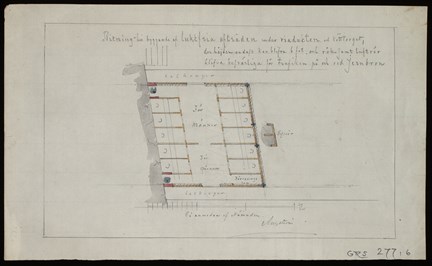 Planritning i färg för byggandet av luktfria avträden, 1840-tal.