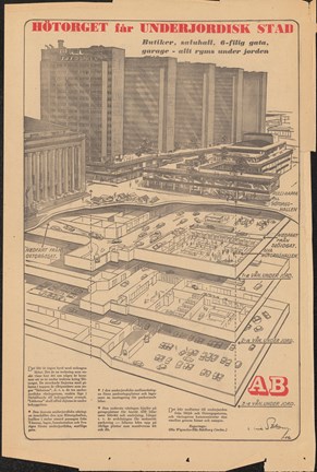 En illustrerad artikel med en genomskäring av Hötorgs-city över och under marknivån