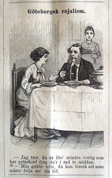 Göteborgsk rojalism. Bildskämt i Söndags-Nisse – Illustreradt Veckoblad för Skämt, Humor och Satir, nr 39, den 29 september 1878