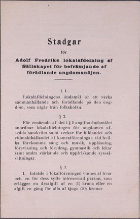 Maskinskrivna stadgar för Adolf fredriks lokalförening för befrämjande af förädlande ungdomsnöjen