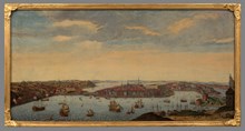 Utsikt över Stockholm från Kastellholmen. "Swiddetavlan" (efter Willem Swiddes kopparstick i Suecia antiqua)