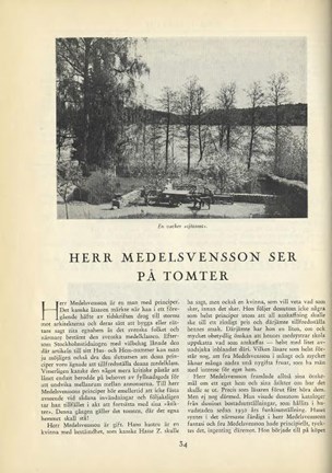 Första sidan av artikeln "Herr Medelsvensson ser på tomter" från tidningen "Hem i Sverige - tidskrift för bygge, trädgård och hemkultur".