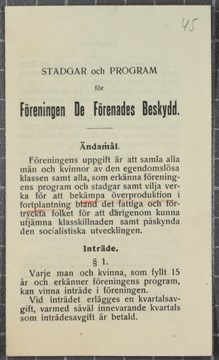 Stadgar och program för Föreningen De Förenades Beskydd - 1913