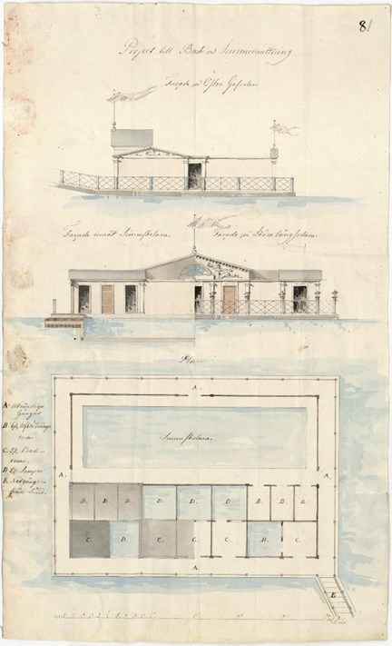 Ritning till "Lindhska badinrättningen" vid Riddarholmen 1826