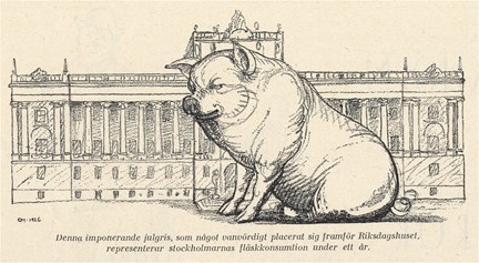 Illustration av stockholmarnas fläskkonsumtion året 1926, representerad av en gris framför Riksdagshuset