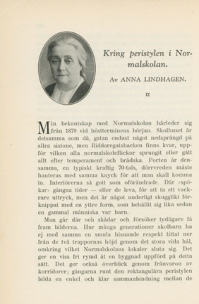 Första sidan av texten, med litet porträtt av Anna Lindhagen.
