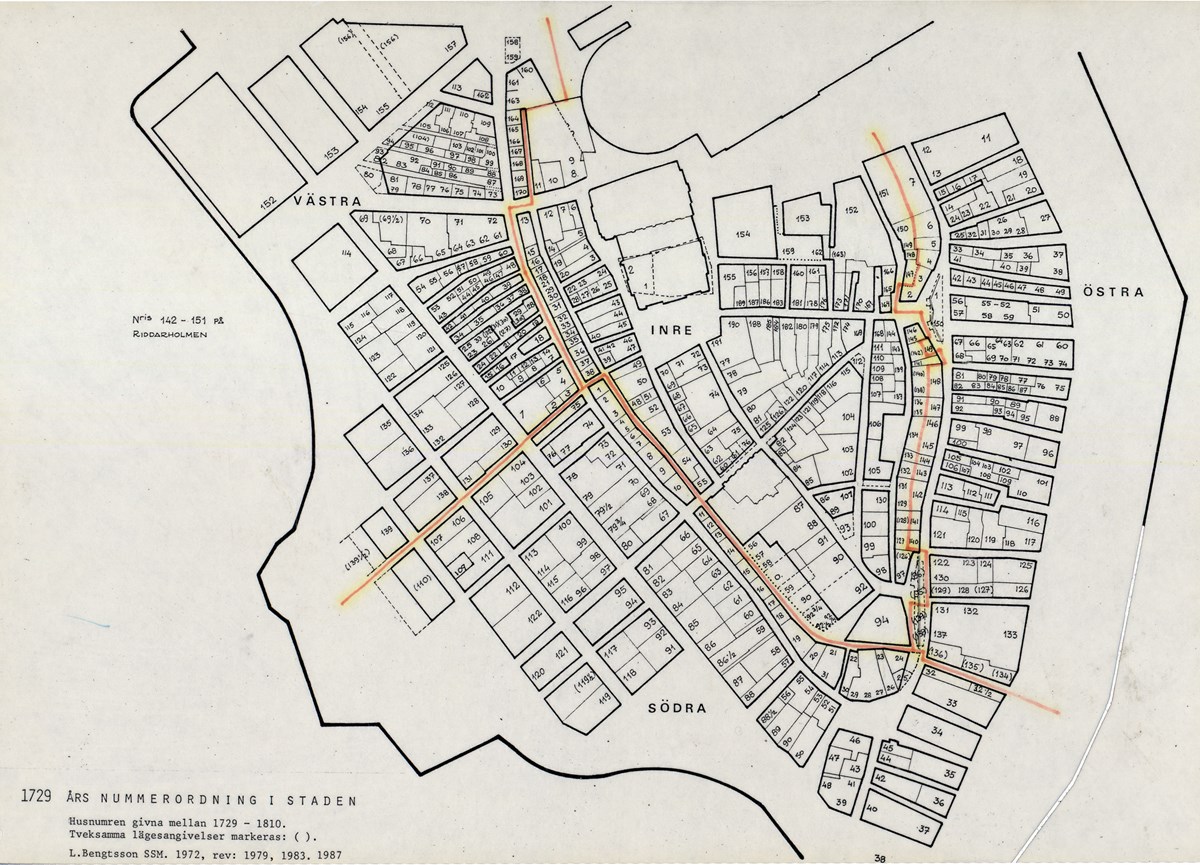 Karta över Gamla stan, 1729 års tomtnummer - Stockholmskällan