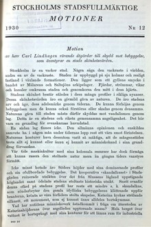 Carl Lindhagen kritiserar funktionalismen - motion till stadsfullmäktige 1930
