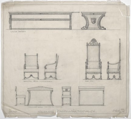 Ritningen är utförd i blyerts med skuggningar inne i möblerna. Möblerna har radats upp på tre rader, bordet överst med längd- och sidofasad, stolarna mellan och underst stenografens möbler.