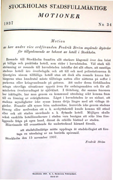 Motion angående åtgärder för tillgodoseendet av behovet av hotell i Stockholm - Stadsfullmäktige 1937