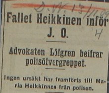 Fallet Heikkinen inför  J.O. Advokaten Löfgren beifrar polisöfvergreppet - pressklipp 13 november 1909