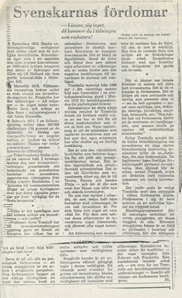 Artikel om fördomars orsaker, från okänd tidskrift 1974.