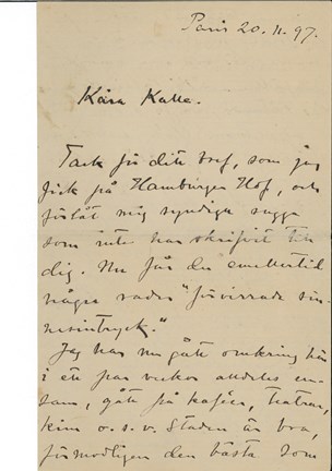 Hjalmar Söderberg skriver till C.G Laurin från Paris, 1897