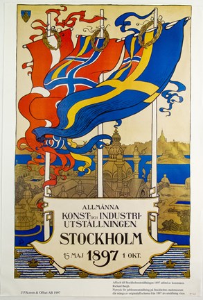Affisch tryck i flera färger med flaggor och landskap samt text.