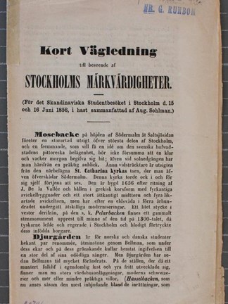 "Kort Vägledning till beseendet af Stockholms Märkvärdigheter" 1856.